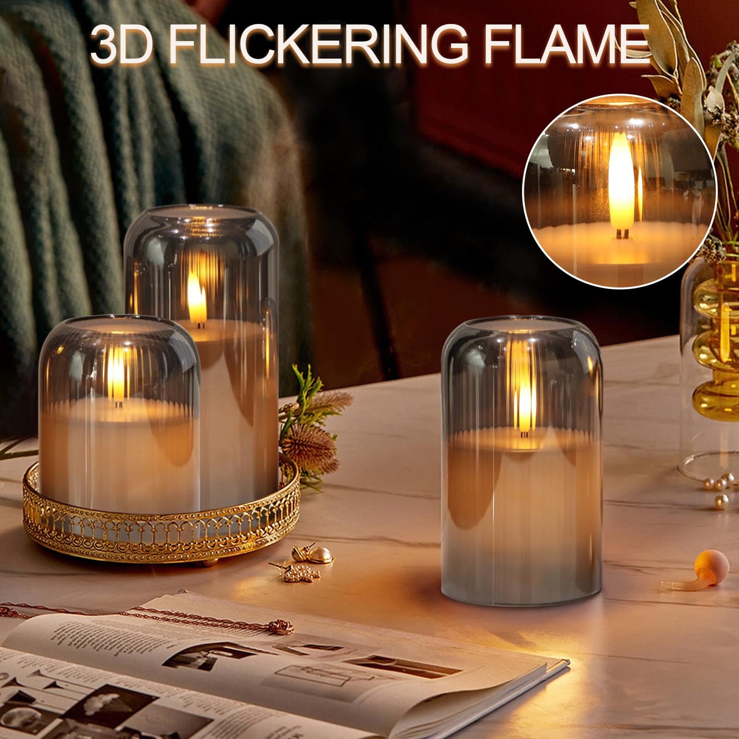 KunSwenn Glass Flameless Candles, Striped Glass Flameless Candles with Remote, Set of 3 Battery Operated Candles with Flickering 3D Wick, LED Pillar Candle for Home Halloween Decor(Grey, D3”xH4”5”6”)