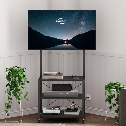 HOOBRO Rolling TV Stand with Mount and Power Outlet Up to 55 inch TV, Corner Entertainment Center, Small TV Stand with 3-Tier Storage Shelves for Living Room, Bedroom, Rustic Brown and Black BF66UDS01