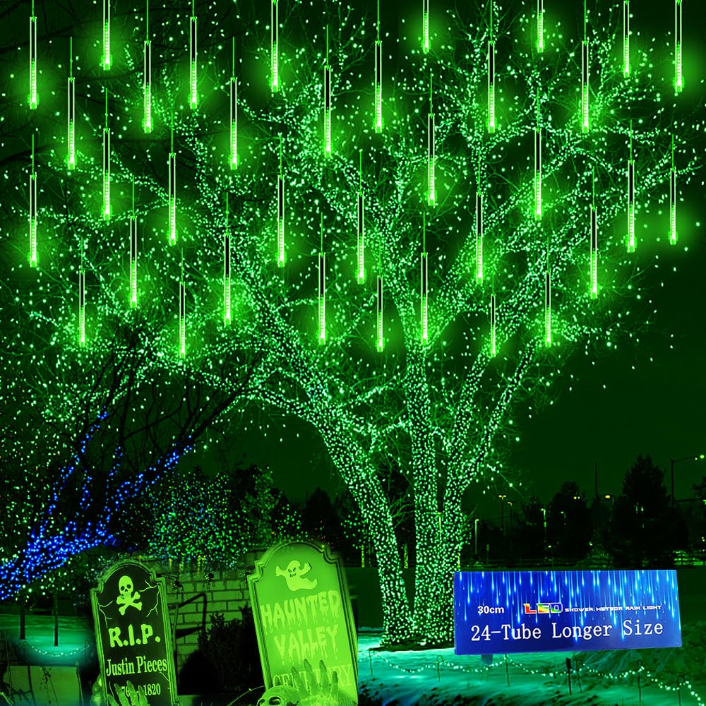 Kwaiffeo Green Christmas Lights, 24 Tubes Meteor Shower Lights(Equivalent to 3 Sets of 8-Tube) for Halloween Christmas Decorations Outdoor, Green Lights for Xmas St. Patrick's Day Party Tree, UL Plug