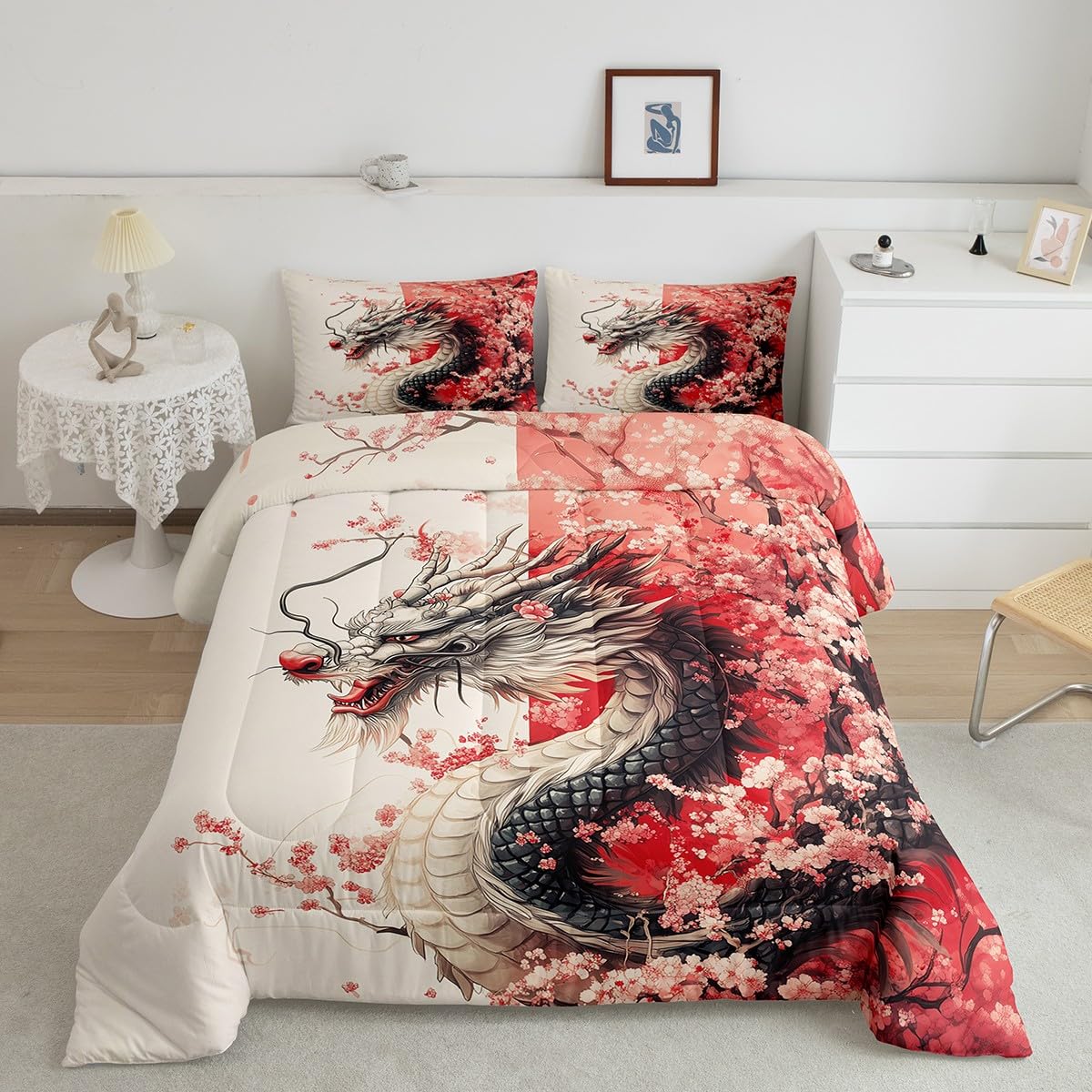 Erosebridal Girls Dragon Comforter Set Queen Size, Japanese Style Animal Down Comforter Cherry Blossoms Sakura Bedding Set Ancient Wildlife Quilt for Kids Teens Adult Women Bedroom Decor, Pink