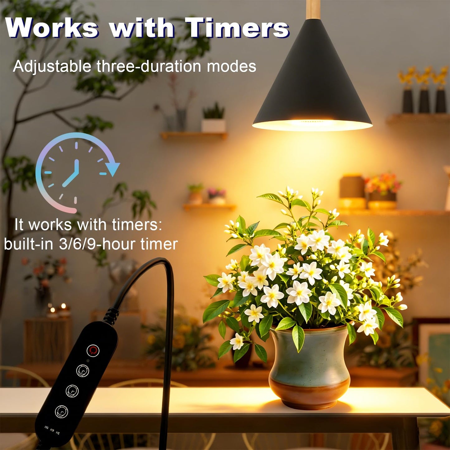 Hanging Grow Lights for Indoor Plants, 20W Full Spectrum Plant Lamp with Timer, Adjustable Height, Wall-Mounted 3000K Growlight with 14.5 ft Power Cord, for Greenhouse, Garden, Large Plants (Black)