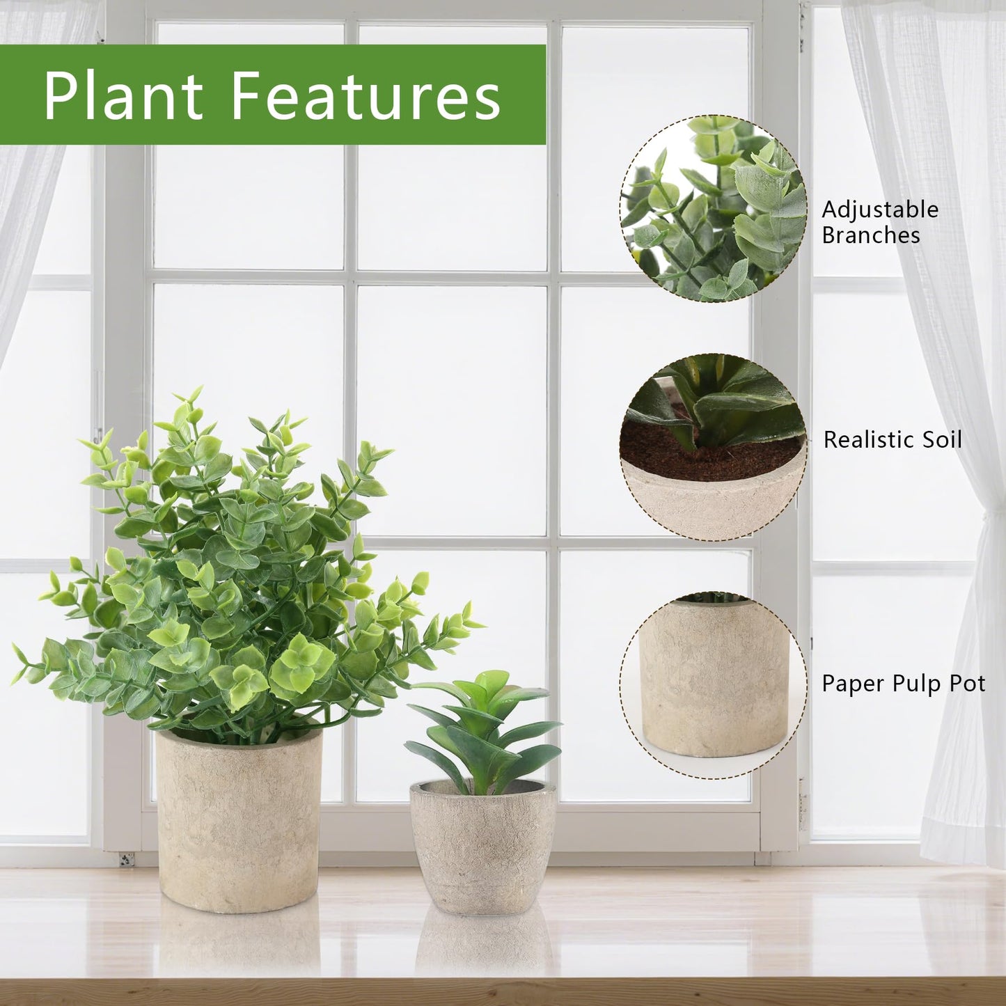 ALAGIRLS 4 Pack Small Fake Plants, 10" Artificial Plants Indoor Eucalyptus/Rosemary/Succulents, Small Faux Plants in Pulp Pot,for Farmhouse Decor, for Bathroom Bedroom Kitchen Office Living Room Decor