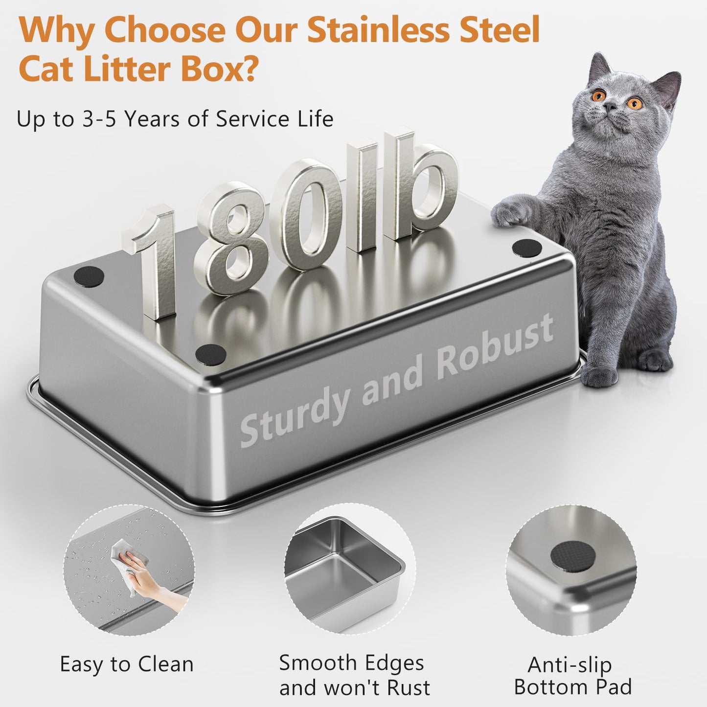 Stainless Steel Cat Litter Box with Lid, XL Extra Large Litter Box for Big Cats, Enclosed Removable Metal Litter Boxs with High Sided Enclosure & Scoop, Anti-Leakage, Non-Sticky, Easy Cleaning(Grey)