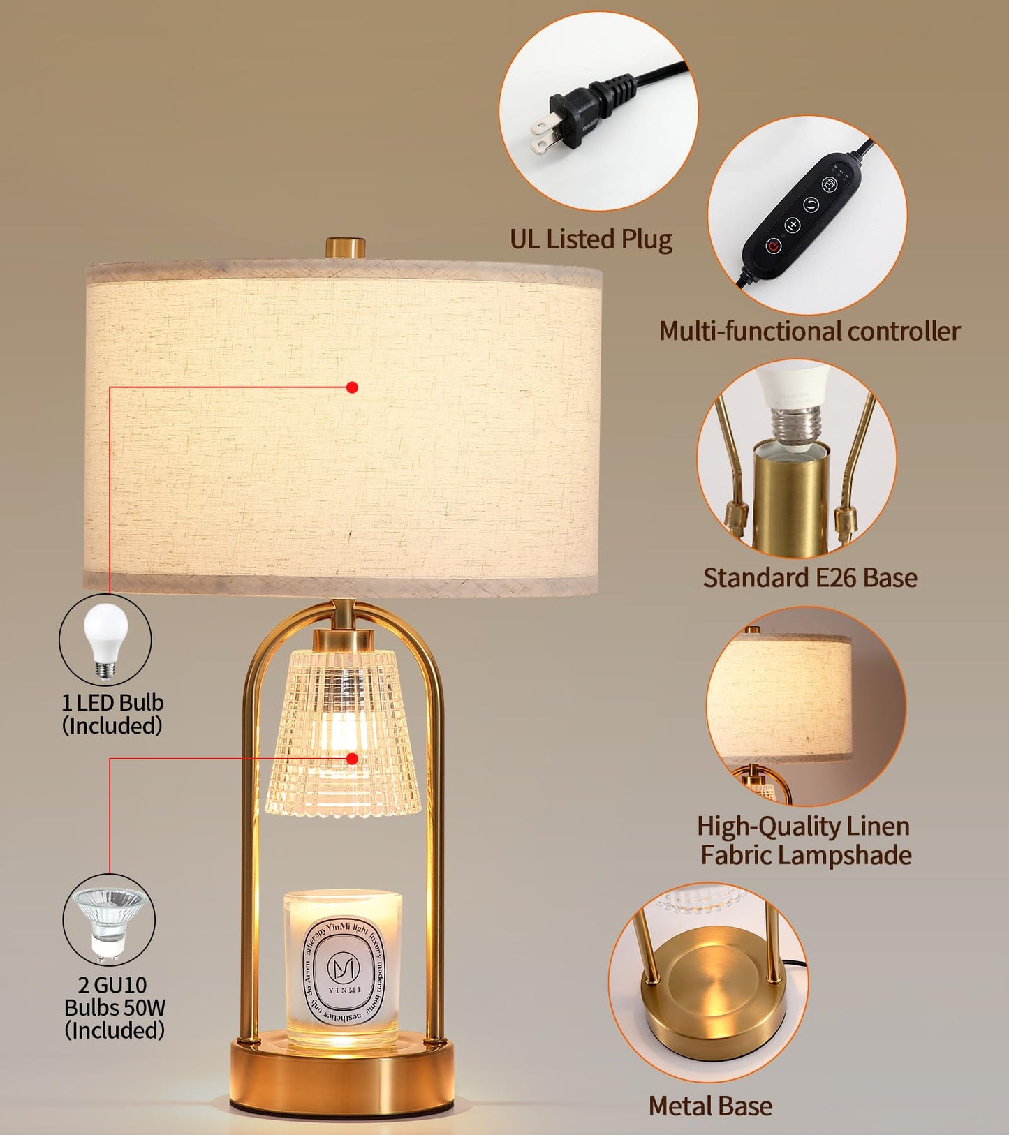 ANANAN 2-in-1 Table Lamp Candle Warmer Lamp with Timer & Dimmer,Large Wax Melt Warmer Modern Bedside Lamp for Bedroom Living Room Home Decor Birthday Gifts for Women D12.5 x H21.2“ Bulbs Included
