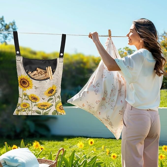 2 Pcs Sunflowers Print Clothespin Bag, Laundry Hanging Bag Fits Clothes Lines