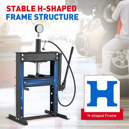 10 Ton Hydraulic Shop Press with Pressure Gauge & Plate, Heavy Duty H-Frame Benchtop Press with Height Adjustable Working Table for Auto Repair, Metalworking, Manufacturing, Black
