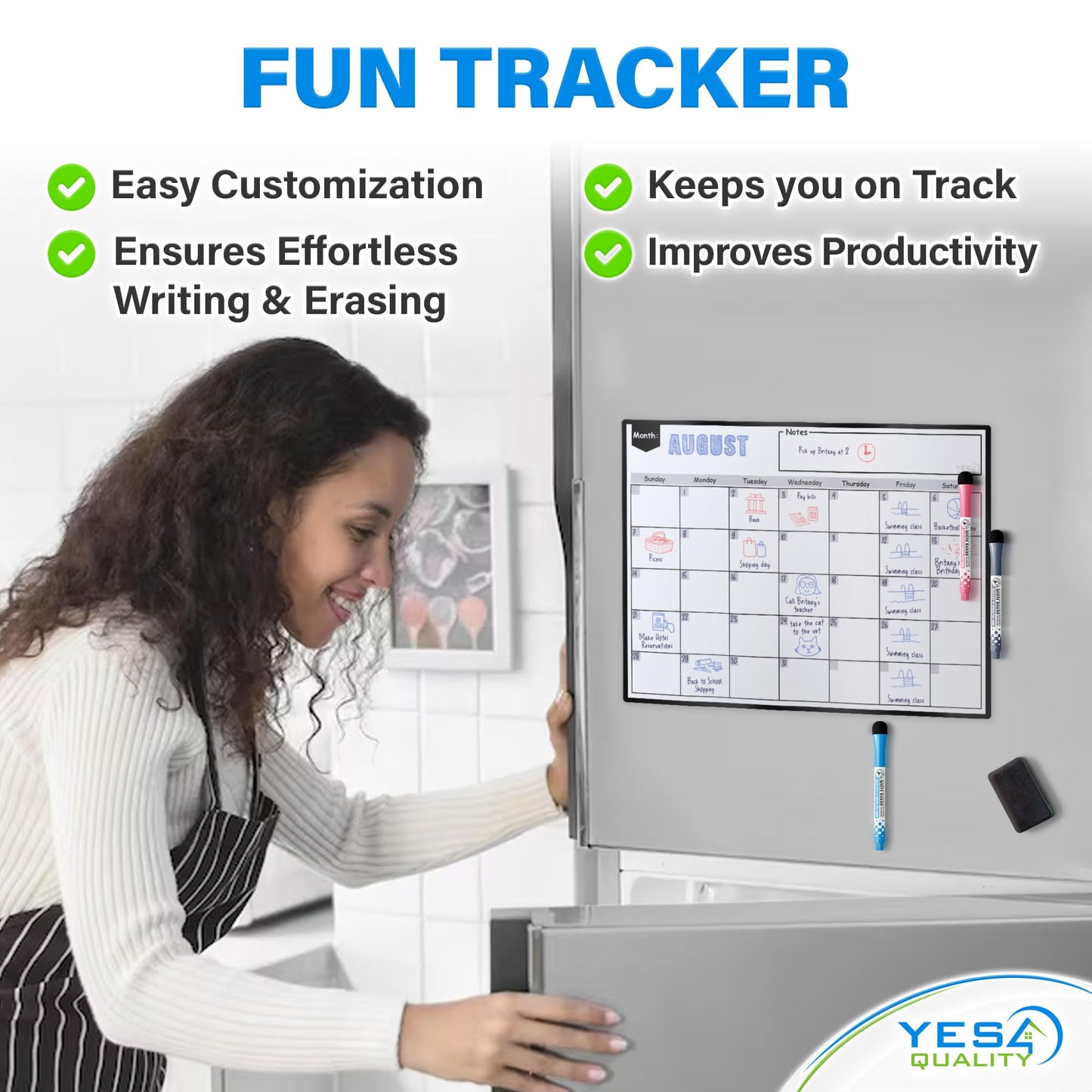 Magnetic Dry Erase Whiteboard Calendar for Fridge - A3 / 40 x 30 cm - Refrigerator White Board Sheet with 3 Colourful Markers & Eraser - Monthly Meal Planner & Organiser for Family - by Yes4Quality