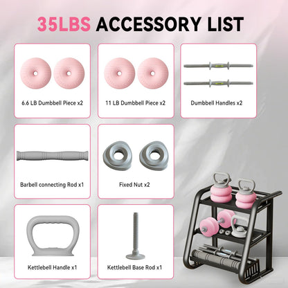 Adjustable Dumbbell Set 13LB/18LB/22LB/35LB, 4-in-1 Soft Shell Weight Set with Connector, Converts to Barbell & Kettlebell, Strength Training Equipment for Home Gym, Ideal for Women & Beginners