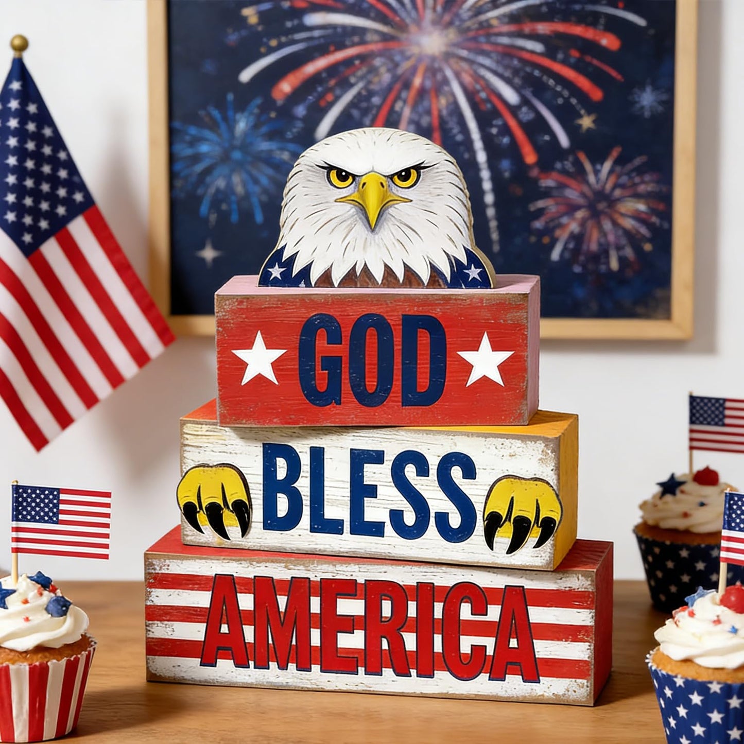 4th of July Table Decorations Patriotic Memorial Day Tiered Tray Decor Wooden Eagle Block Signs Independence Farmhouse 250th July Fouth Centerpiece for Tables Wooden Sign for Home Decor