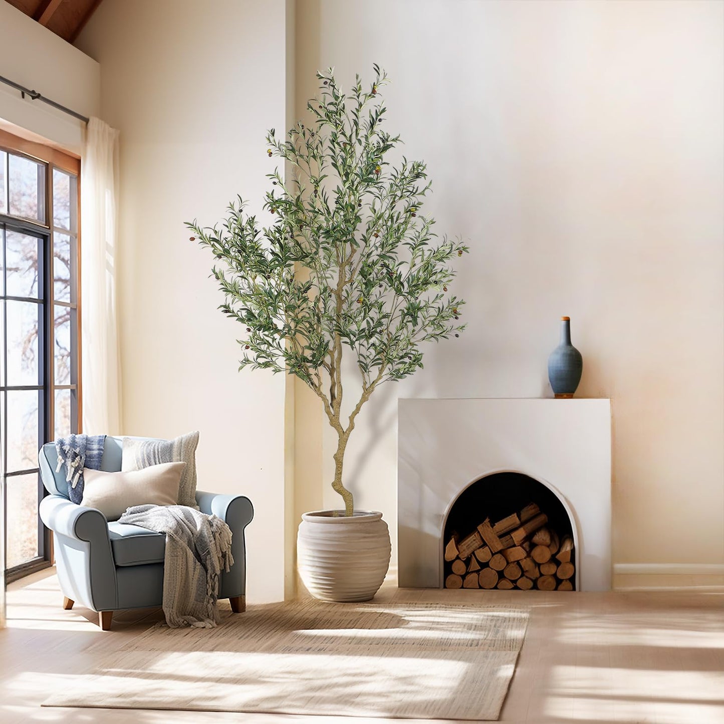 Nafresh Tall Faux Olive Tree，9ft（108in） Realistic Potted Silk Artificial Olive Tree， Fake Olive Trees Indoor with Green Leaves and Big Fruits for Home Office Living Room Stairs Patio Decor.