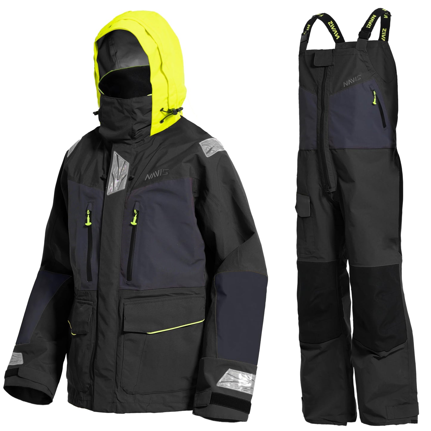 Men's Ocean Sailing Suit Offshore Sailing Jacket & Bib Pants Combi Clothes Set - Hi-Vis Wet Weather Gear Hips & Knees Patches (Black, Large)