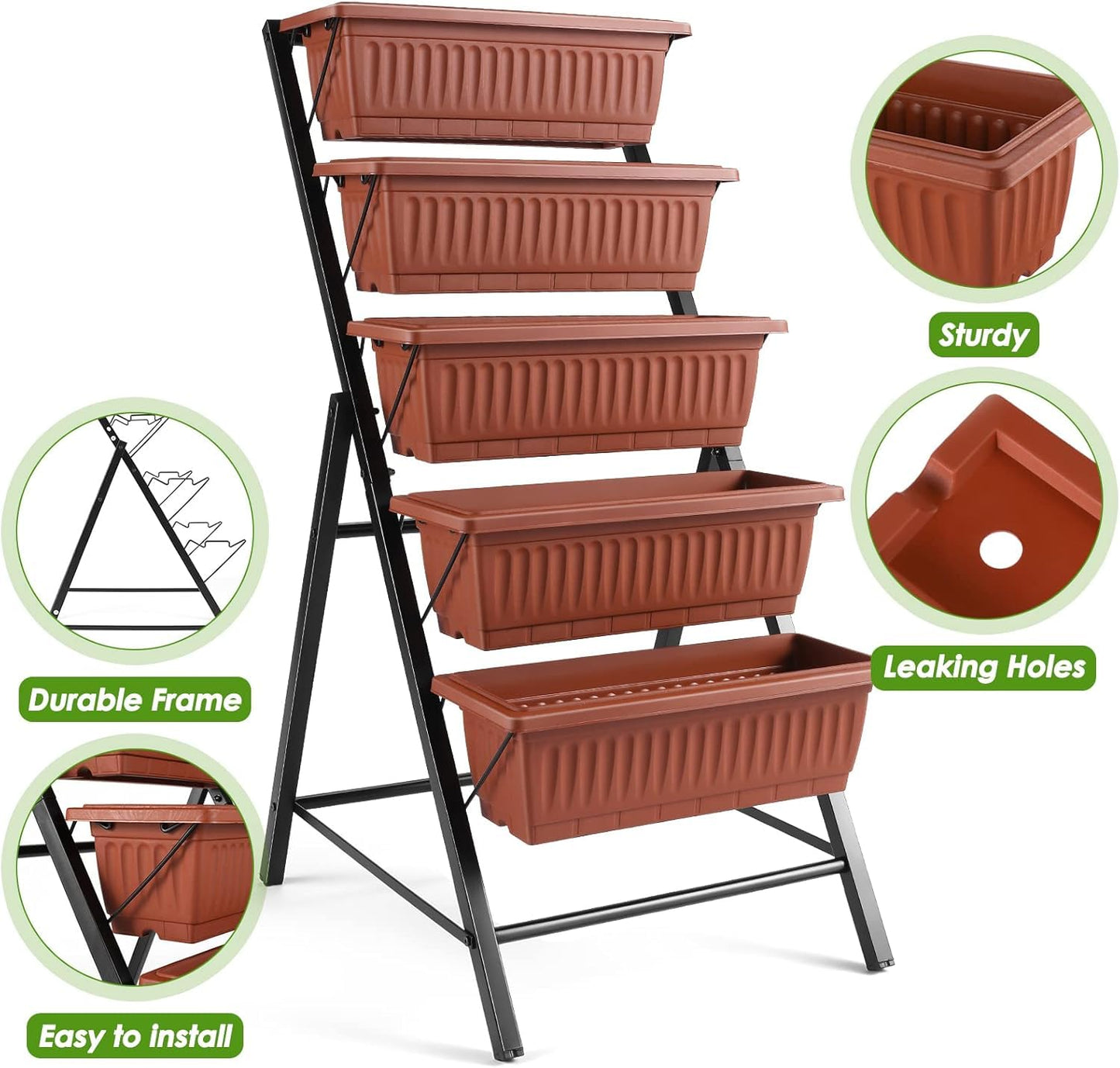 Suyncll 2 Pack Vertical Raised Garden Bed, 5 Tiers Elevated Planter Box with Drainage System and 4 Hooks, 4FT Vertical Planter for Herbs Vegetables Flowers, Dark Red