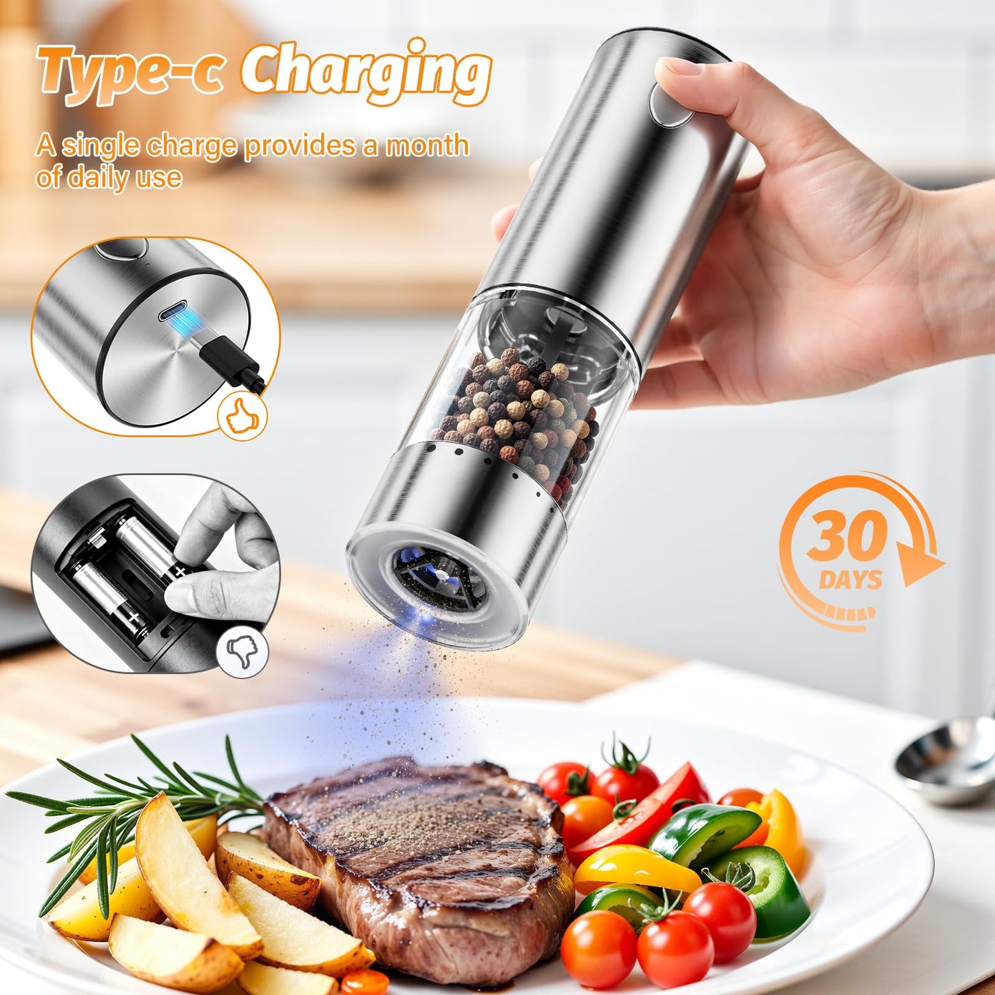 HomeHacks Upgraded Larger Capacity Electric Salt and Pepper Grinder Set, Rechargeable Type-C with LED Light, Stainless Steel Automatic & 6 Adjustable Coarseness, Ideal as Mothers Day Gifts