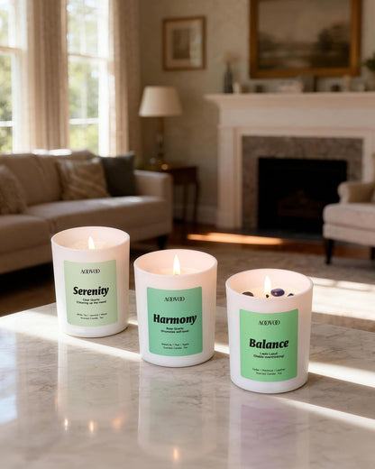 AOOVOO Calm Candles Set for Women - 4 Pack Candles for Home Scented, 28 oz 200 Hour Burn, Aromatherapy Candle with Crystals, Lavender Calm/Jasmine Serenity/Water Lily Pear Harmony/Patchouli Balance