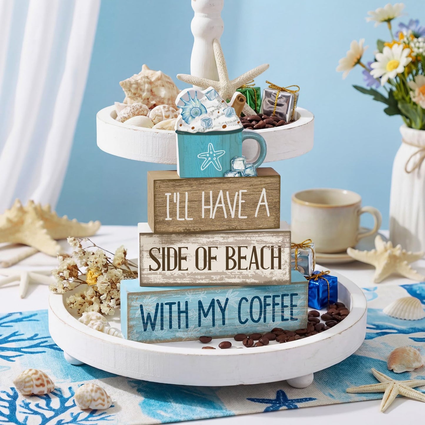Lineshading 4 Pcs Summer Table Decorations Beach Coffee Bar Wooden Block Sign Blue Rustic Coastal Tiered Tray Decor with Coffee Cup Summer Centerpieces Decor for Beach Nautical Party Office Home
