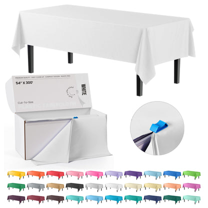 Exquisite Party Solids 54 Inch X 300 Feet White Plastic Table Cover Roll in A Cut - to - Size Box with Convenient Slide Cutter. Cuts Up to 36 Rectangle 8 Feet Plastic Disposable Tablecloths