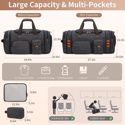 Mens Duffle Bag for Travel 60L Expandable Canvas Weekender Overnight Travel Duffel Bag with Shoe Compartment Carry-On for Airplanes Dark Gray