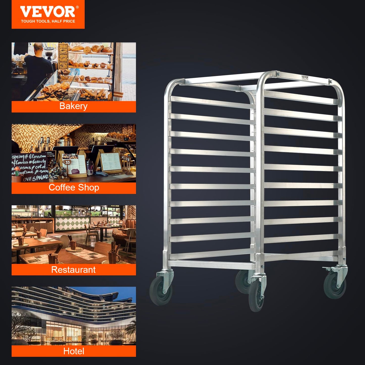 VEVOR 10-Tier Bun Pan Rack, Aluminum Racking Trolley Storage with Brake Wheels, Commercial Bakery Racks for Half & Full Sheet, Speed Rack For Kitchen Home, Bread Baking Equipment, 26"L x 20.3"W x 39"H