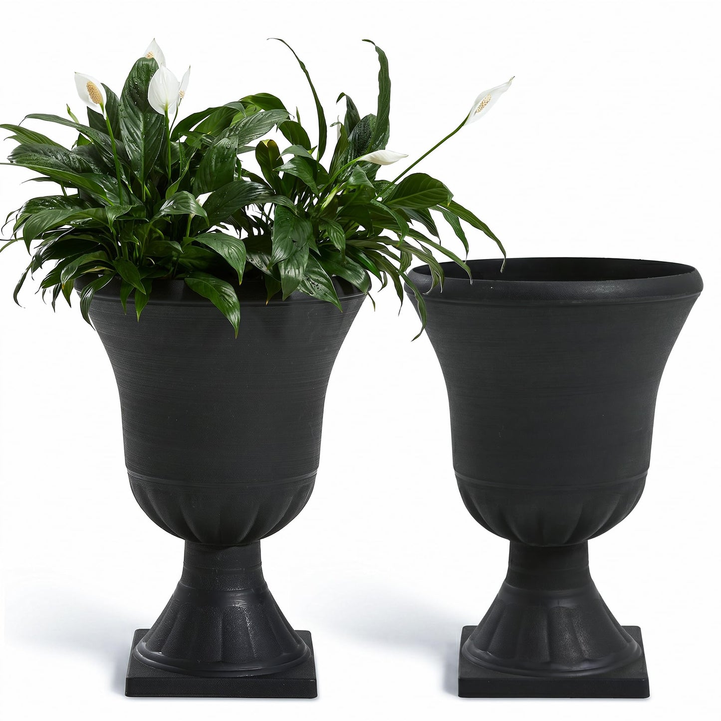 Worth Garden 2-Pack Plastic Urn Planters for Outdoor Plants, 22'' Black Tall Round Classic Resin Traditional Flower Pots - 15 in. Dia. Large Imitation Stone Decorative Pot Patio Deck Front Porch