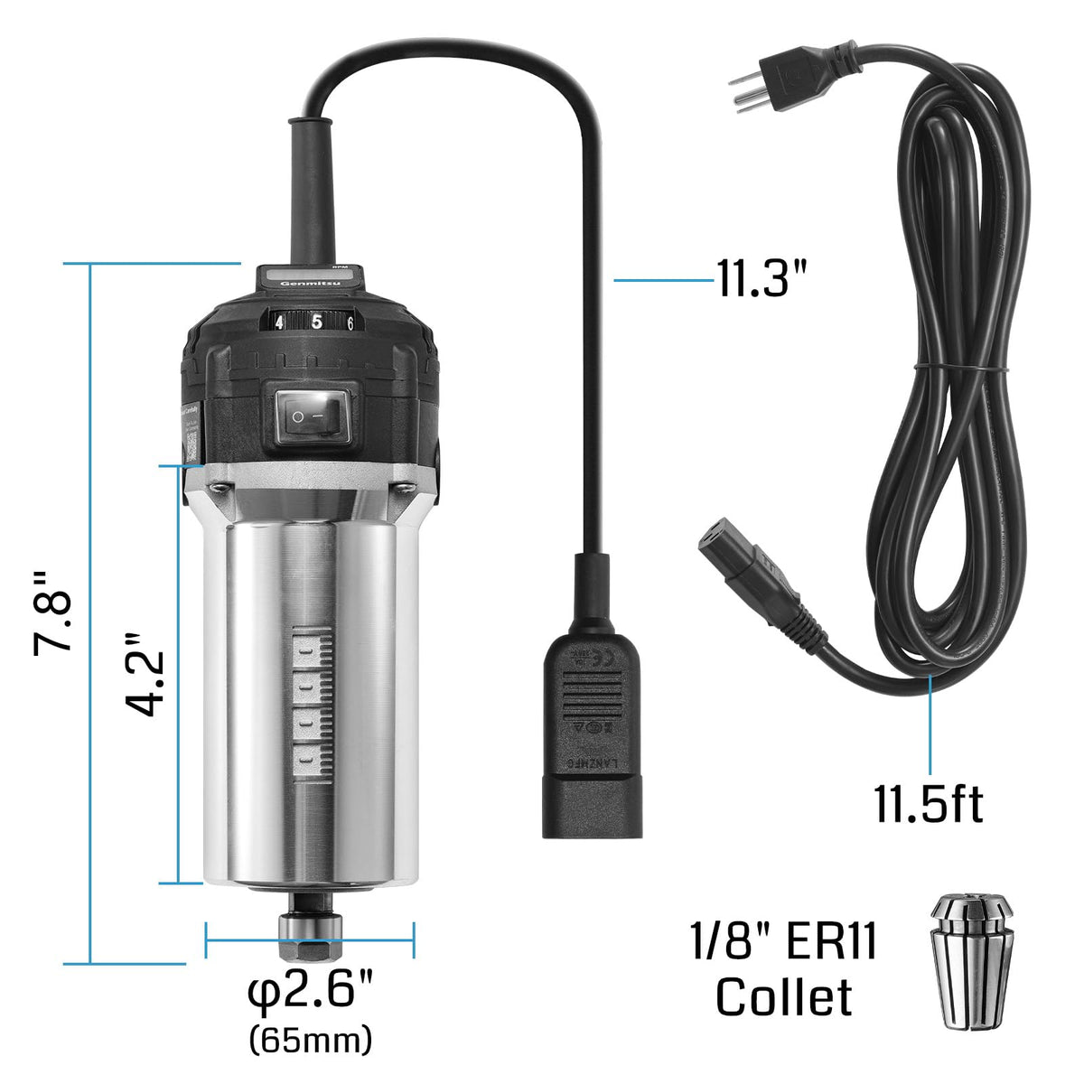Genmitsu 710W CNC Compact Router 65mm Diameter, Spindle Motor with LCD Digital Display 6 Adjustable Speeds, 1/8” ER11 Collet, 4 Carbon Brushes, for CNC Milling Machine
