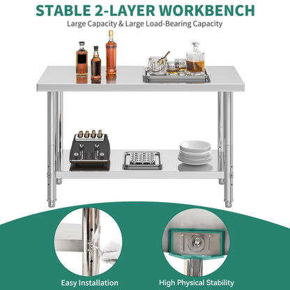 YITAHOME NSF Stainless Steel Table, 48" X 24" Work Table w/Undershelf, Heavy Duty Prep Table for Home Kitchen Commercial Restaurant Garage Warehouse Outdoor