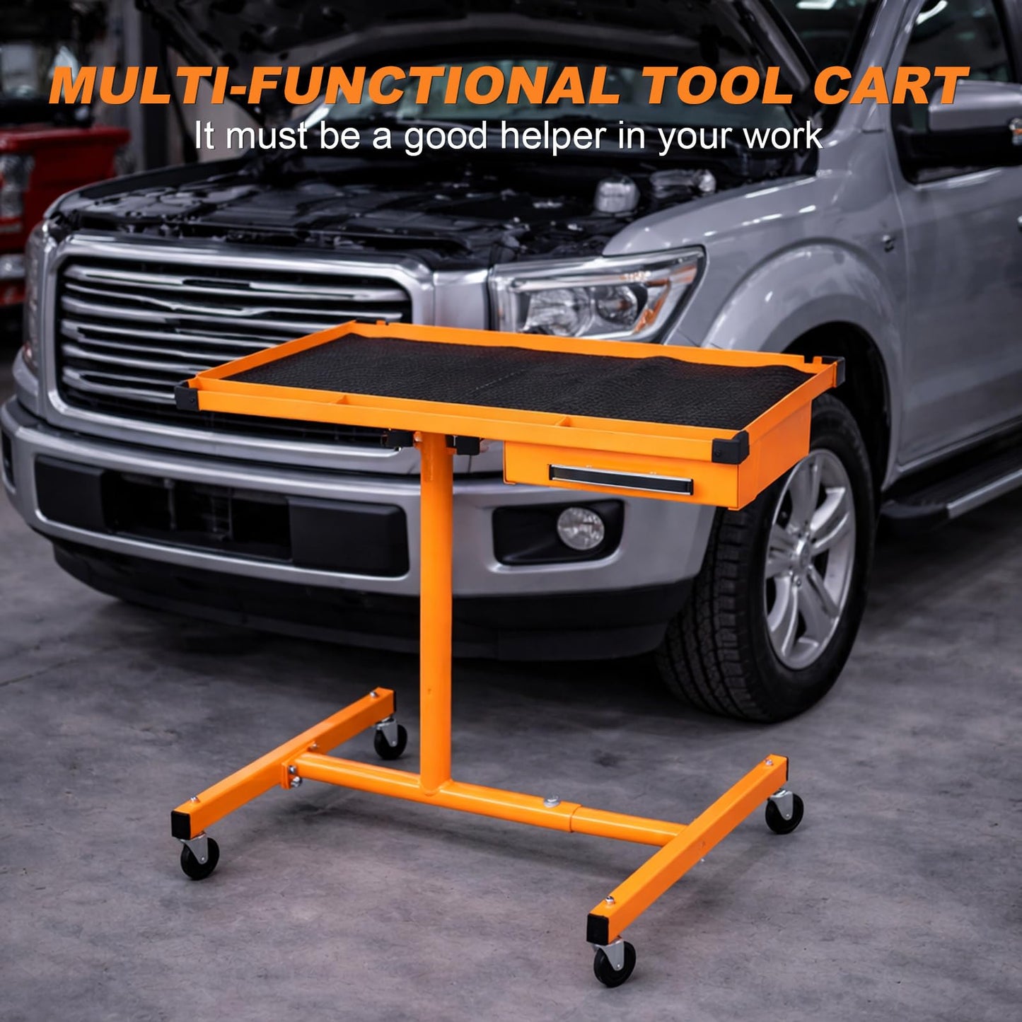 A A IN LT018 Heavy Duty Adjustable Work Table with Drawers, Rolling Tool Tray on Wheels of 220lbs Capacity, Mobile Service Tray for Mechanic