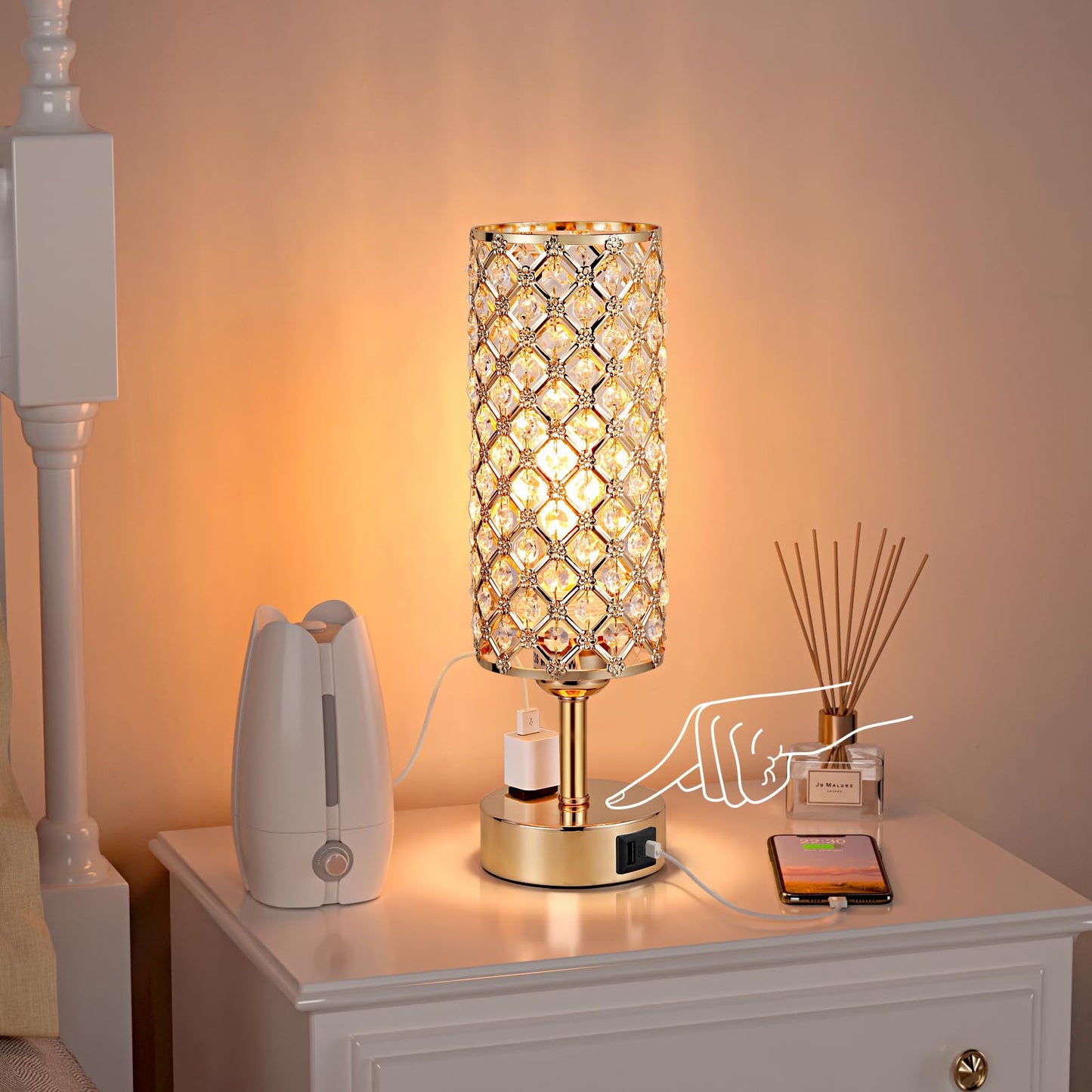 Hong-in Gold Lamps Set of 2, Dimmable Gold Lamps for Nightstand with USB-C+A & AC Charging Ports, 3-Way USB Crystal Lamp, Bedside Desk Light for Bedroom Living Room Home Office(Bulb Included)