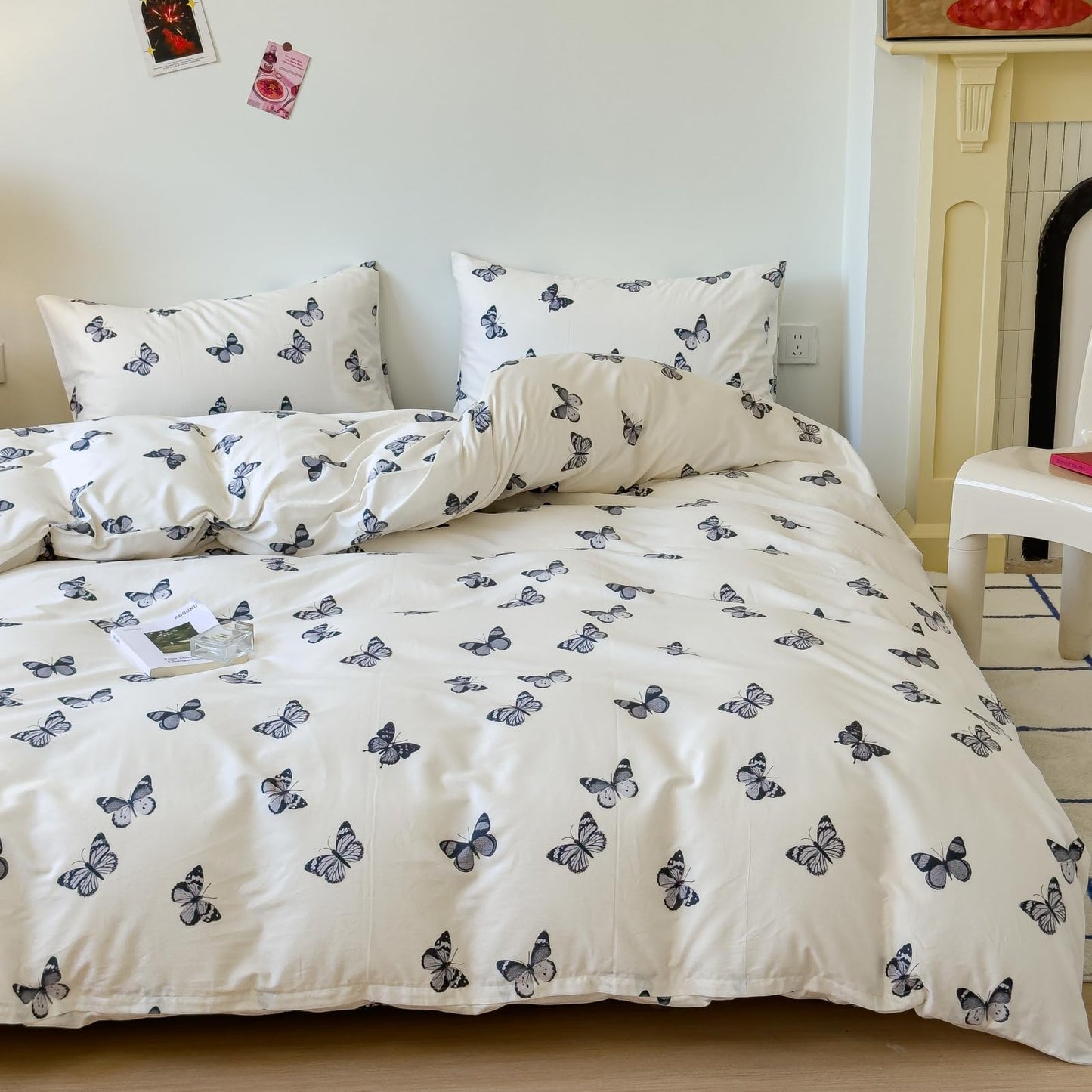 LIWHENHAO Butterfly Duvet Cover Set Twin 100% Cotton Bedding Cartoon Black Butterflies Print on Cream White 1 Kawaii Cute Animal Comforter Cover Zipper Closure 2 Pillowcases for Kids Girls Boys