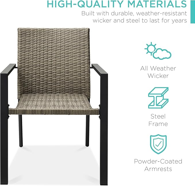 Best Choice Products Set of 2 Stackable Outdoor Wicker Dining Chairs All-Weather Firepit Armchair w/Armrests, Steel Frame for Patio, Deck, Garden, Yard - Taupe