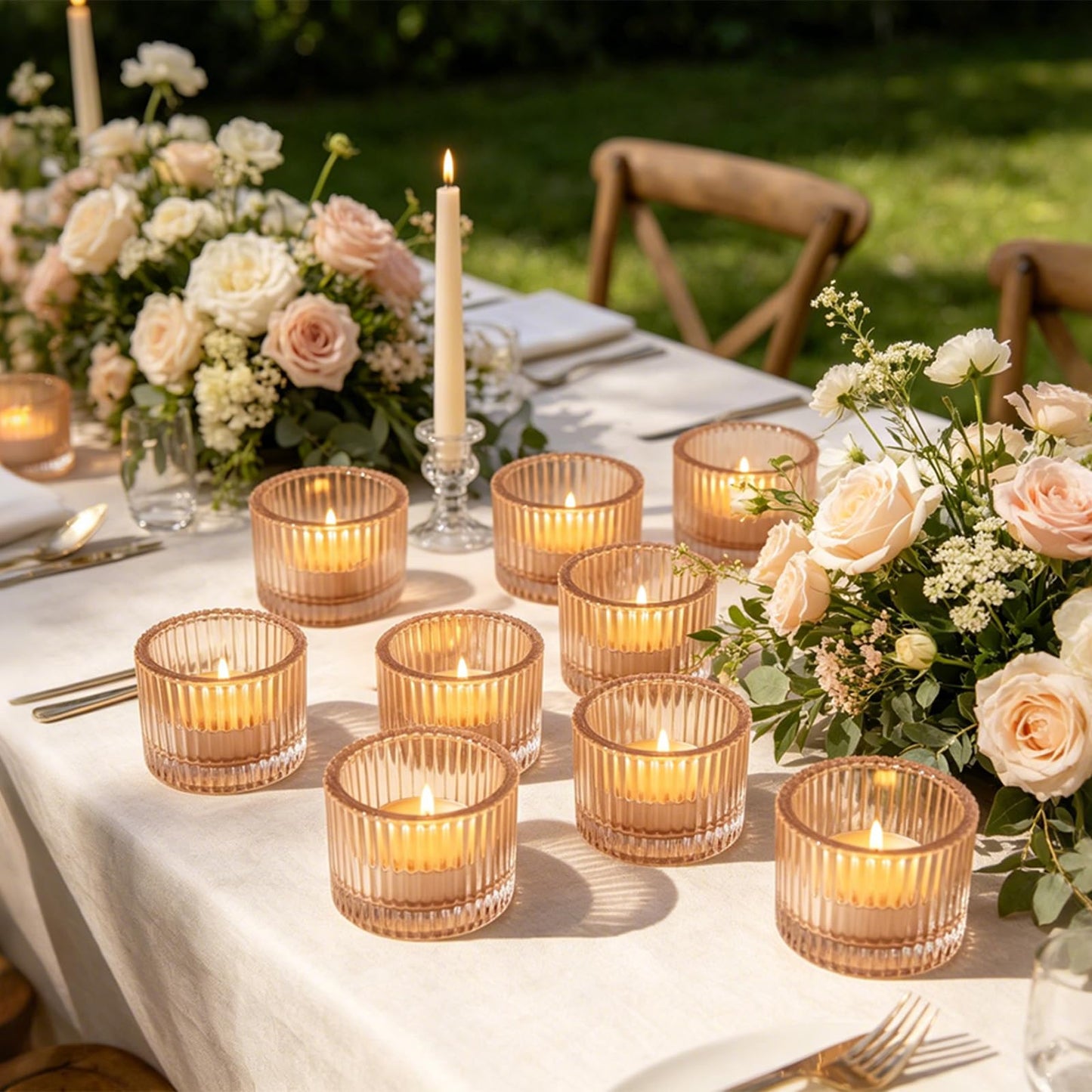 Gold Glass Votive Candle Holders 12 Pack, Small Glass Cups for Tea Lights, Wedding Centerpieces, Table Decorations, Home Decor, Party Favors, Bulk Set of 12