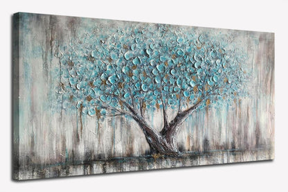 Arjun Tree Wall Art Canvas for Living Room Blue Tree of Life Nature Teal Abstract Textured Painting Picture Modern Panoramic Landscape Artwork Framed Bedroom Home Office Decor, Large Size 40"x20"