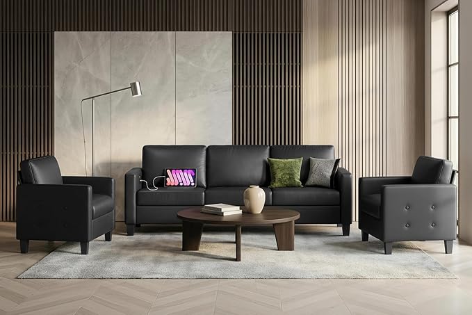 STHOUYN Black Faux Leather 3 Seater Sofa and Accent Chair Set of 2, Modern