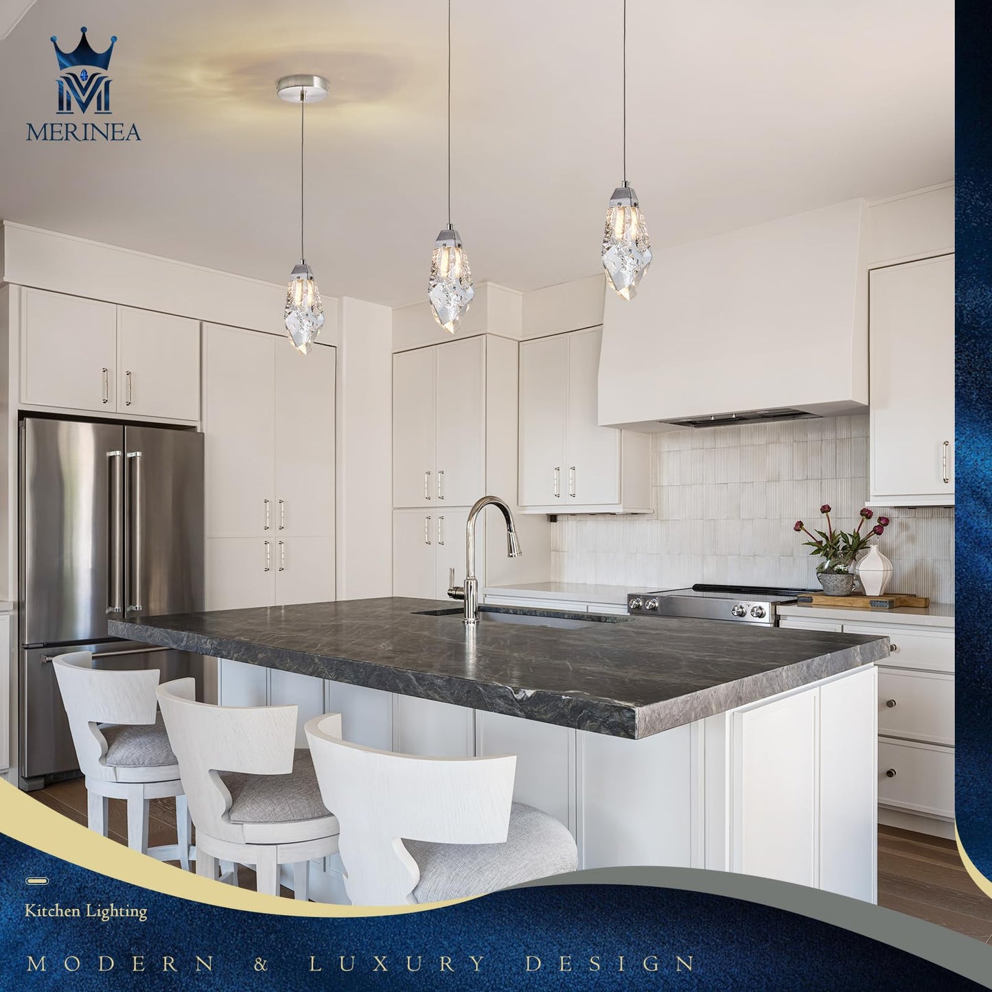 MERINEA Brushed Nickel Crystal Pendant Light with Prism K9 Crystals, Modern LED Kitchen Island Hanging Light Fixture Adjustable Single Pendant Chandelier for Dining Room, Bedroom, Bathroom, Bar