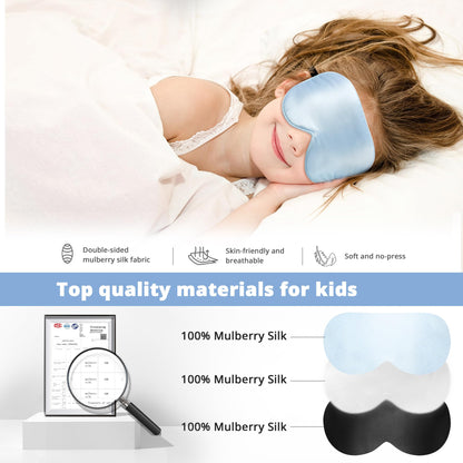 Kids Sleep Mask Eye Cover, 100% Real Natural Pure Silk Eye Mask with Adjustable Strap, Blindfold Kids Eye Mask for Sleeping, Eye Shade for Boys Girls and Adult, Pressure-Free Comfort (Black)