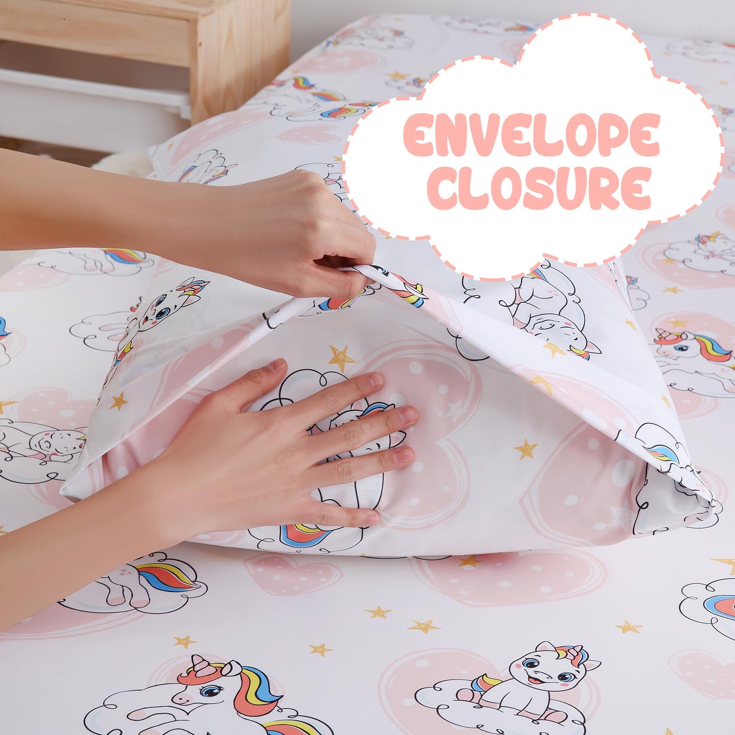 Yibeizi Twin Sheets Set Kids, Unicorn Pattern Microfiber Single Bed Sheets, Cute Heart Soft Oeko-Tex Extra Deep Pocket Sheets & Pillowcases Cooling Hypoallergenic Wrinkle Free Bedsheets