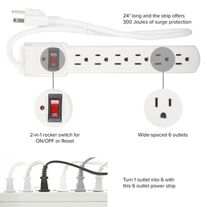 Maxxima 4-Pack 6 Outlet Power Strip Surge Protector - 300 Joules, Features Red On/Off Switch, Powers Multiple Electronics and Devices Simultaneously, Perfect for Home Appliances - Black