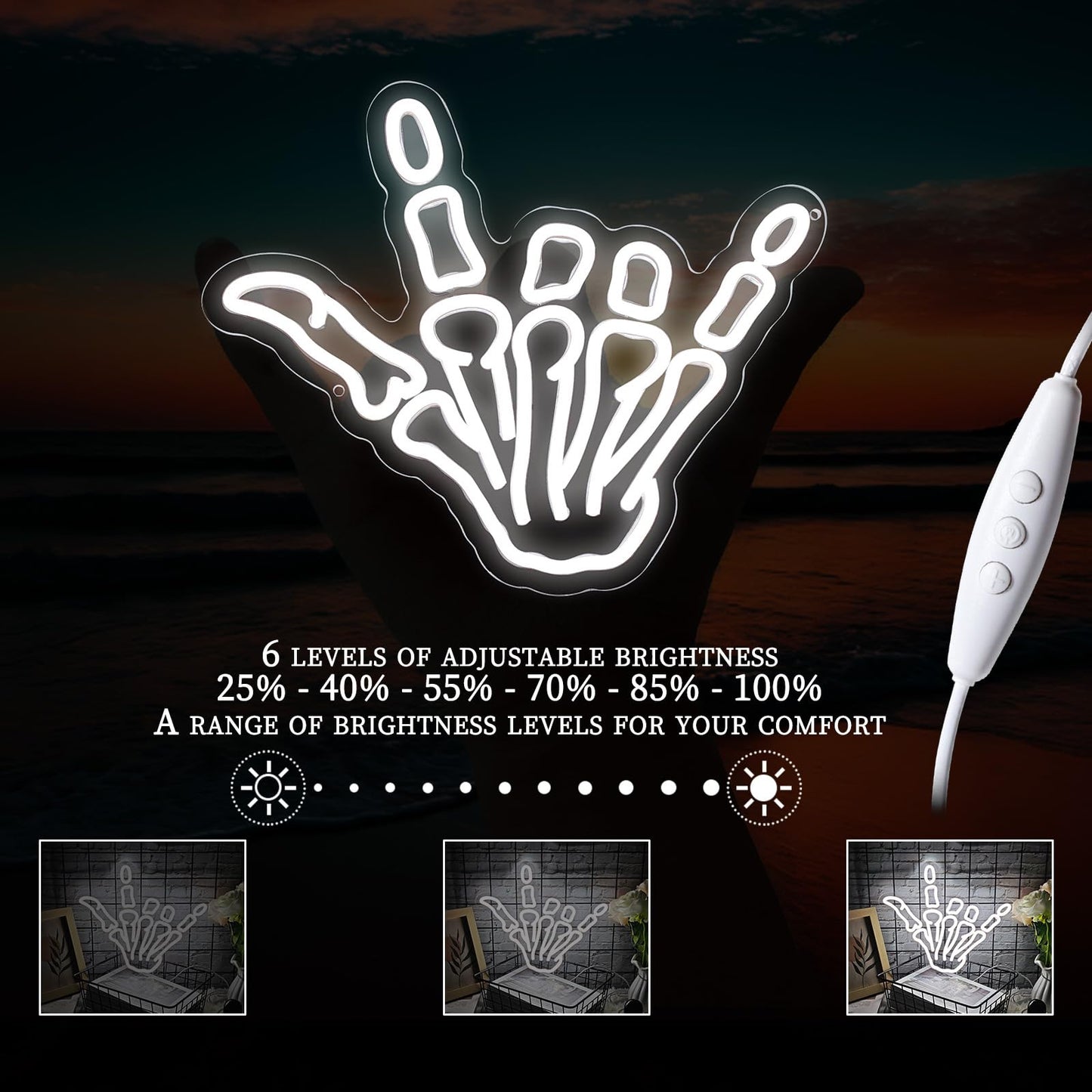 Hand Skull Neon Signs - USB Powered Dimmable Skeletons LED Neon Light for Home Wall Decor Man Cave Gaming Room Bar Pub Party Birthday Gifts