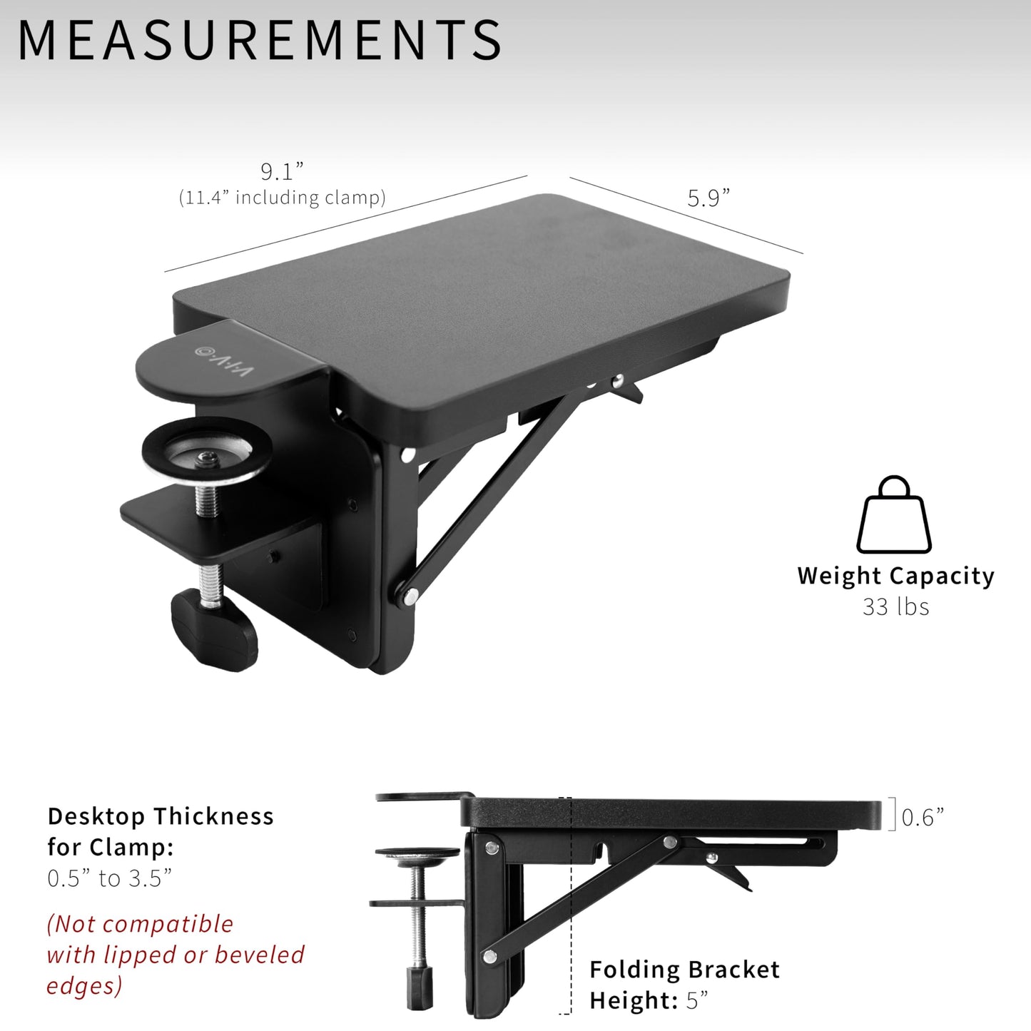 VIVO Clamp-on 6 x 9 inch (11 Including Clamps) Desk Extender, Wrist Support, Armrest Tray, Table Mount for Sit Stand Desks, Black, DESK-EXT09