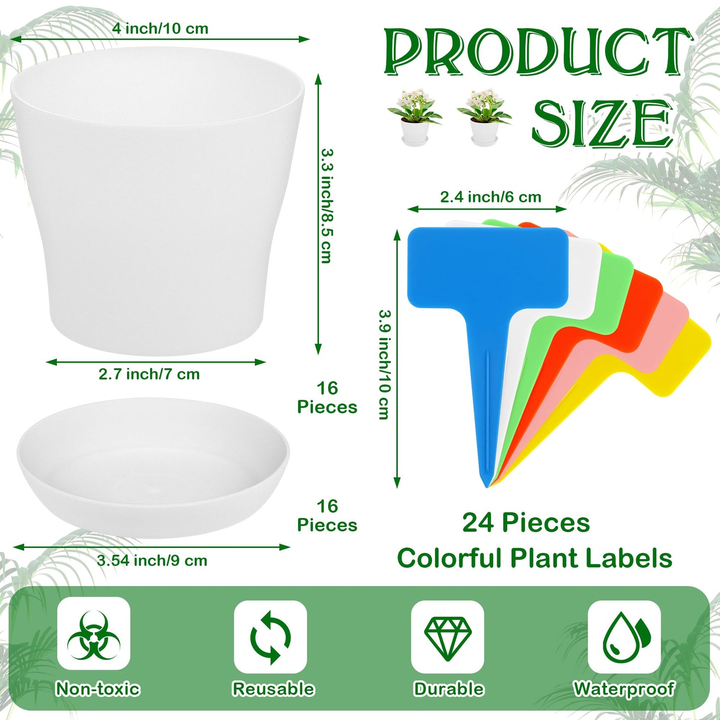 Aodaer 16 Pack 4 Inch Plastic Planters with Multiple Drainage Holes and Tray Indoor Outdoor Flower Plant Nursery Pots with Labels Flower Seedling Pots for Herb Garden Home Succulents, White