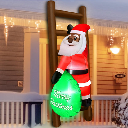 6 FT Hanging Christmas Inflatables Black Santa Claus with Gift Bag Climbing on Ladder, Blow Up African American Christmas Decorations Outdoor Build-in LED Lights for Garden Decor Xmas Holiday Party