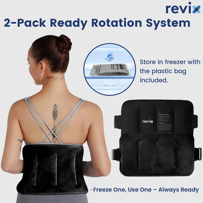 REVIX 16" × 9" Flexible Gel Ice Packs Reusable for Lower Back with Strap, Dual-Sided Soft Body Ice Wraps for Shoulder, Neck, Abdomen and Leg Relief, Black 2 Packs