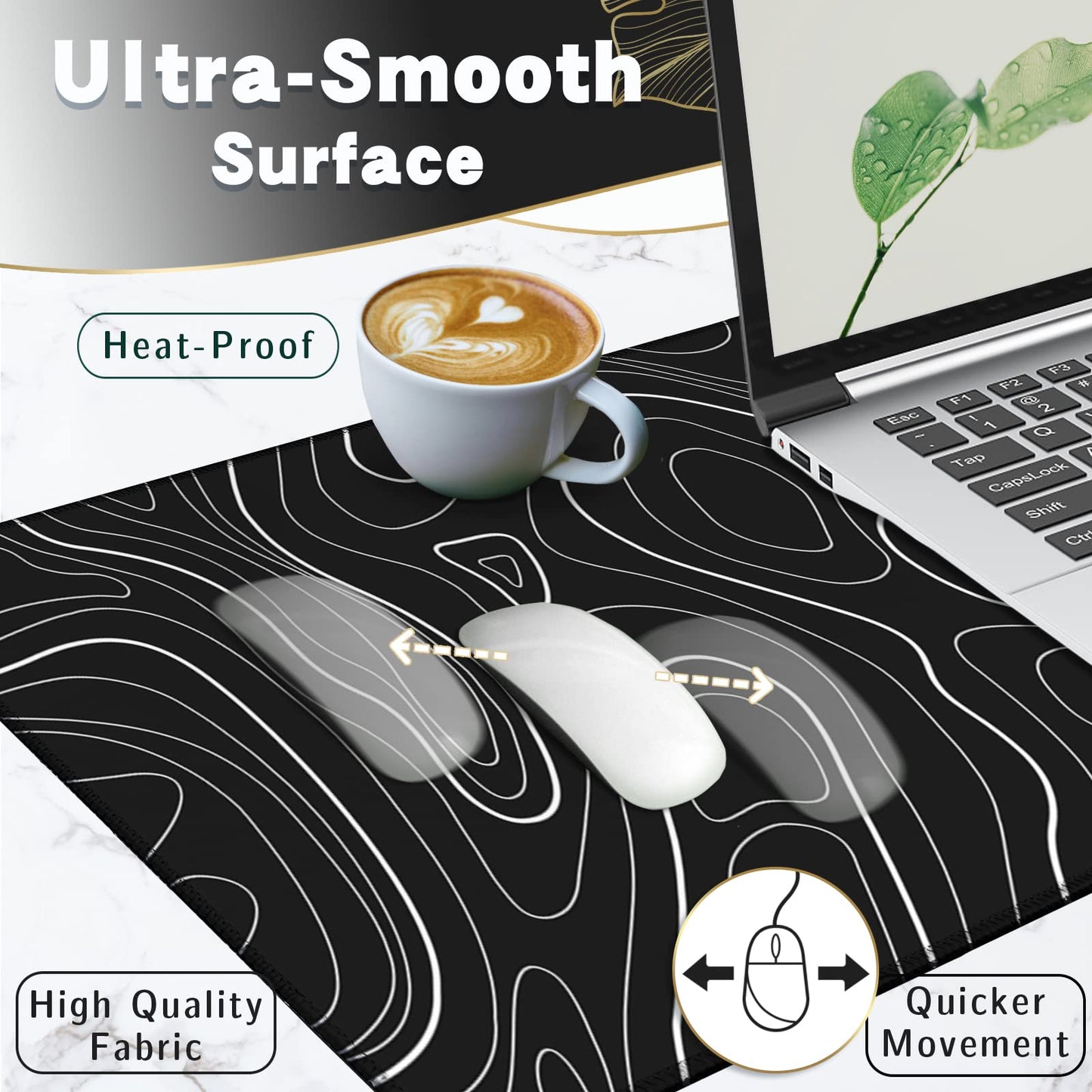 UJoowalk Topographic Gaming Mouse Pad, Large, Black and White, 31.5 x 11.8 in