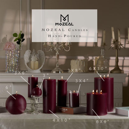 MOZEAL 3" x 8" Hand-Poured Unscented Large Candle, Smokeless Rustic Pillar Candle Set of 2, Slow Burn, No Drip, Approx 150 Hours Burning, Valentine's Day and Home Decorative, Tall Burgundy Candle