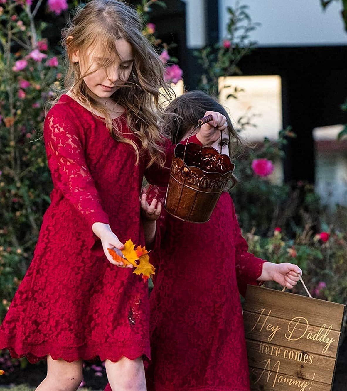 Flower Girl Dress, Lace Dress 3/4 Sleeve Dress (Red, 8-9 Years)