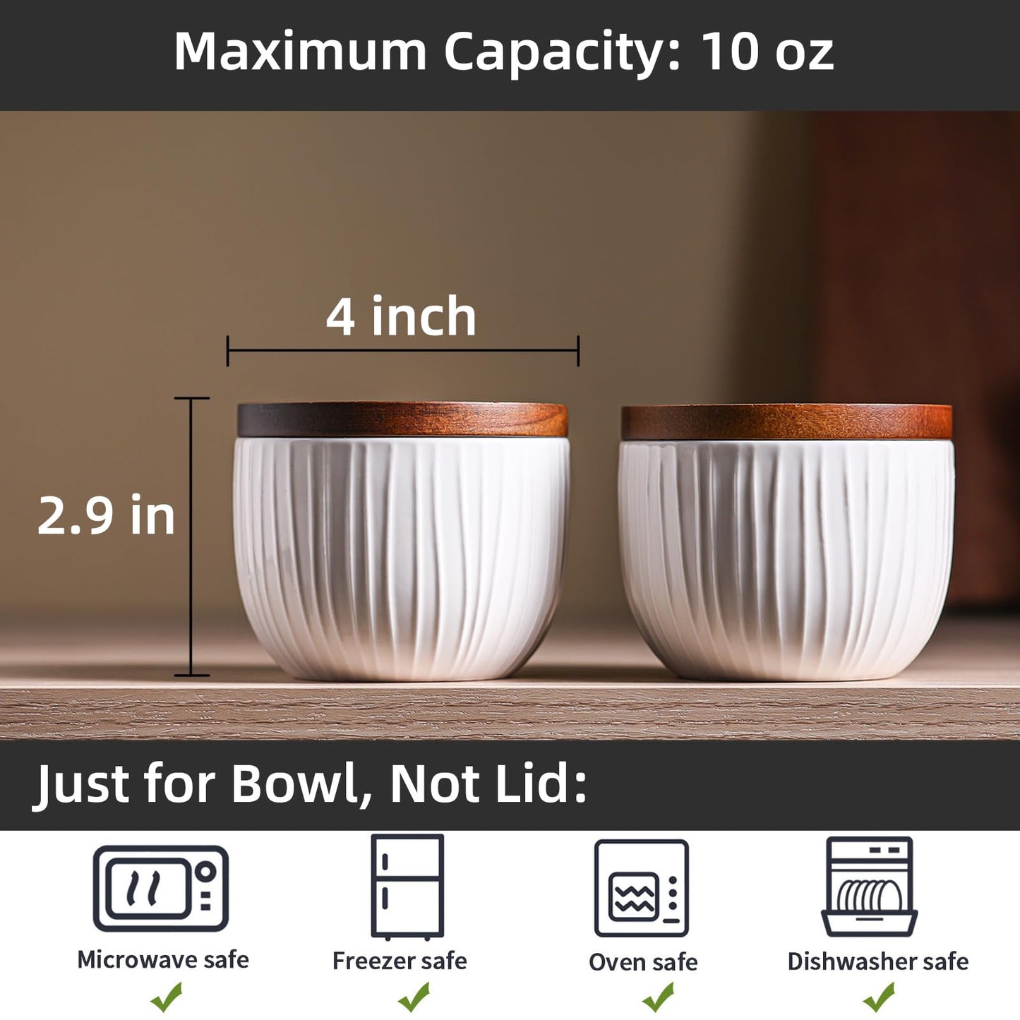 Adewnest Ceramic Salt and Pepper Bowls: 10 oz Stackable Spice Cellar with Wooden Lid - Stacked Seasoning Storage Containers for Kitchen Countertop - White, Set of 2