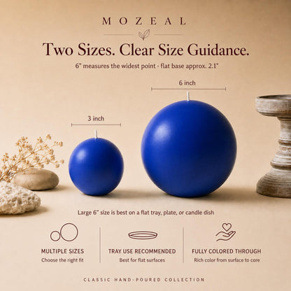 MOZEAL Hand-Poured, 3 Inch Blue Round Ball Candles - Elegant Blue Round Pillar Candles Set of 3, Dripless, Unscented, Smokeless, Ideal for Summer Parties.