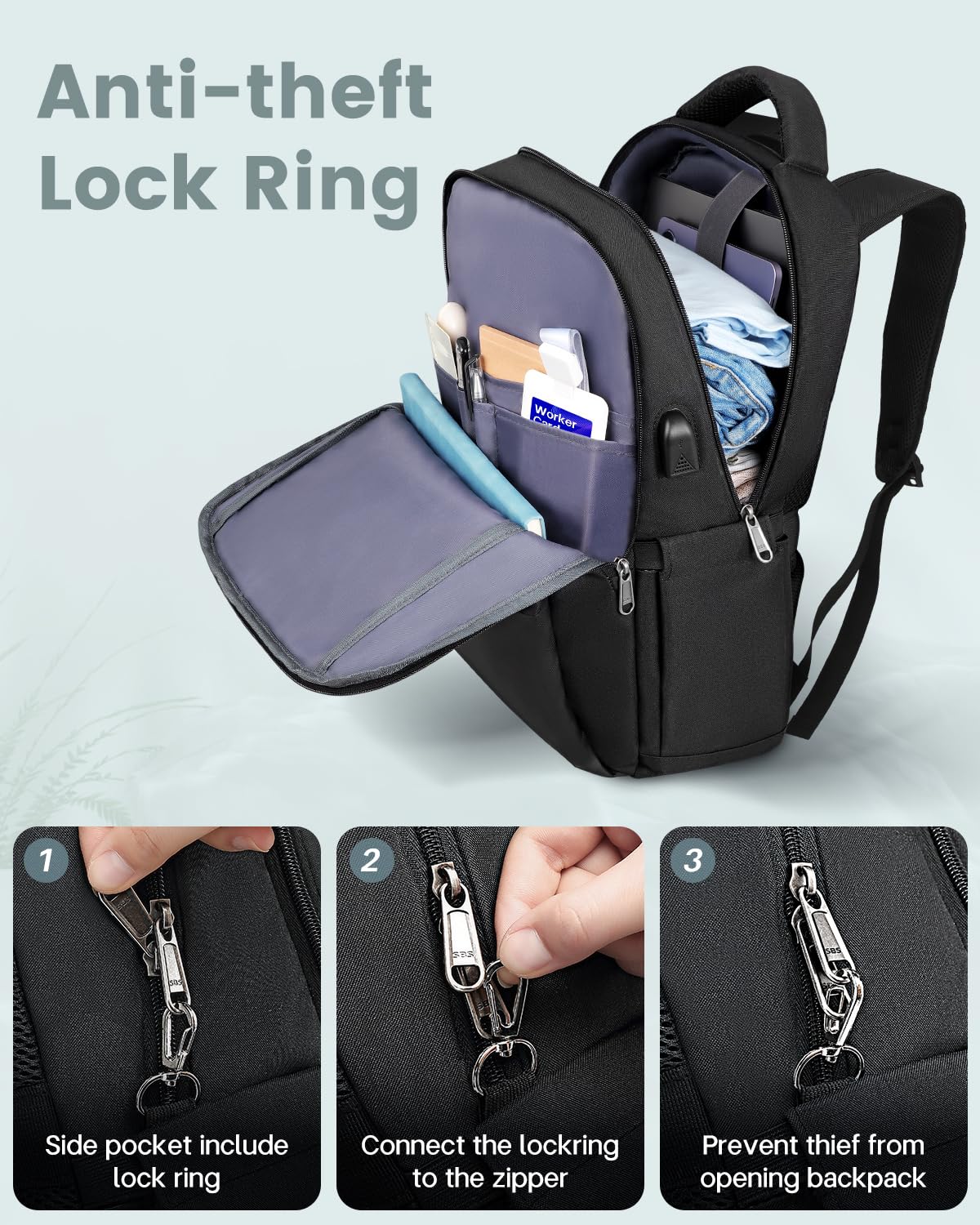 Laptop Backpack, Business Travel Backpack with Charging Port, Water Resistant Laptop Rucksack, Anti-Theft Backpack for Men Women, Fits 15.6-inch Laptop School Bag Black