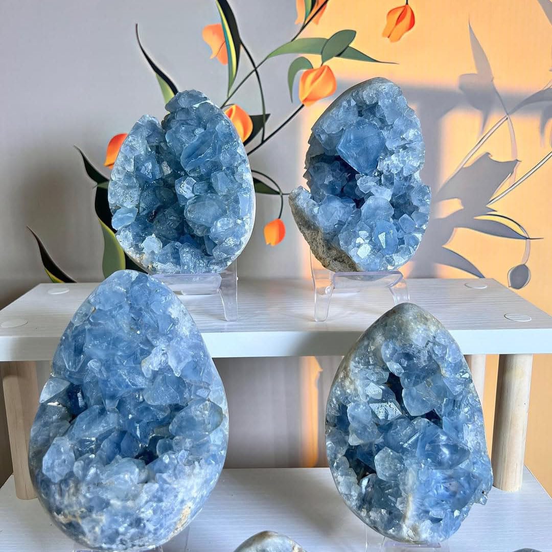 0.88-1.8lb Natural Celestine Cluster - Blue Quartz Geode for Home & Office Decor - Raw Crystal Healing Stone with Natural Formations