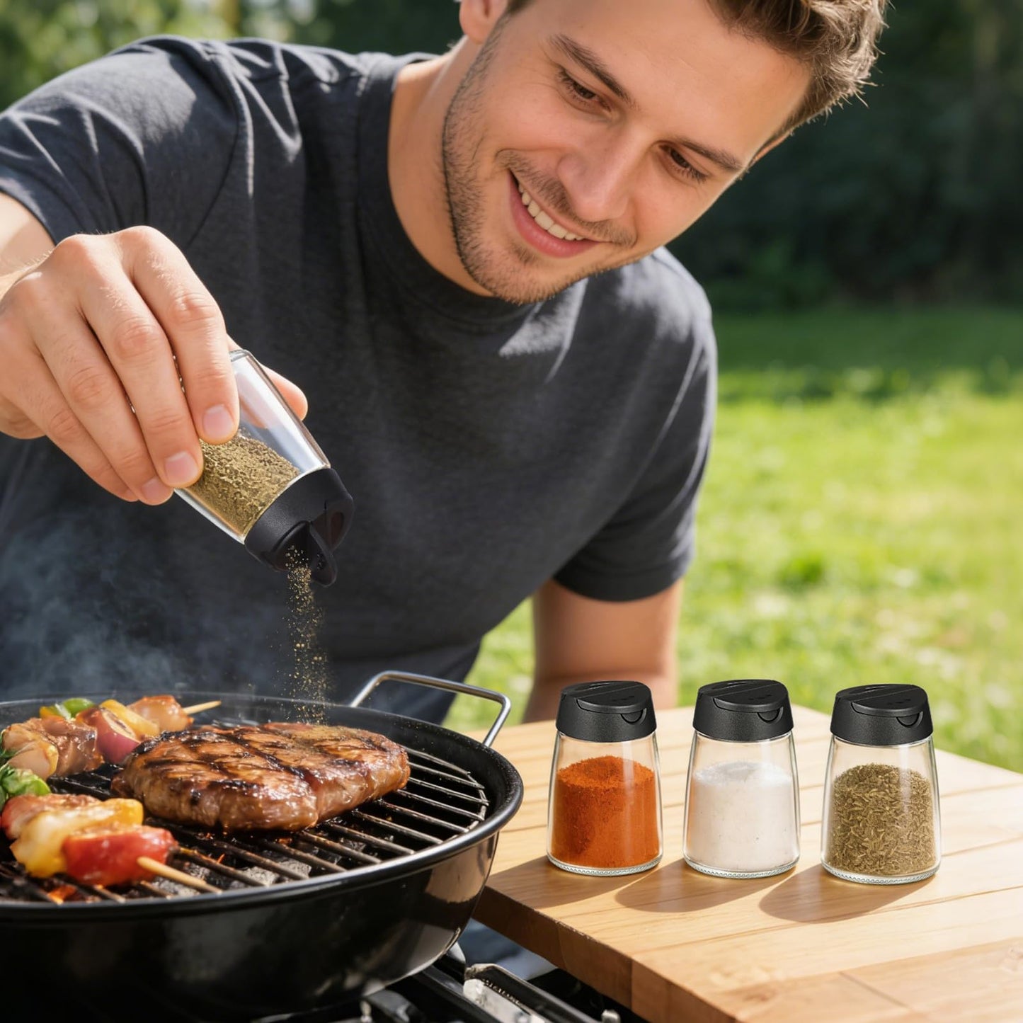Sewroro 4Pcs Glass Seasoning Jar Set with Double Screw-on Lids Salt Pepper Shakers Condiment Containers for Kitchen Cooking and Outdoor Bbq 2.55X2.55X3.34In