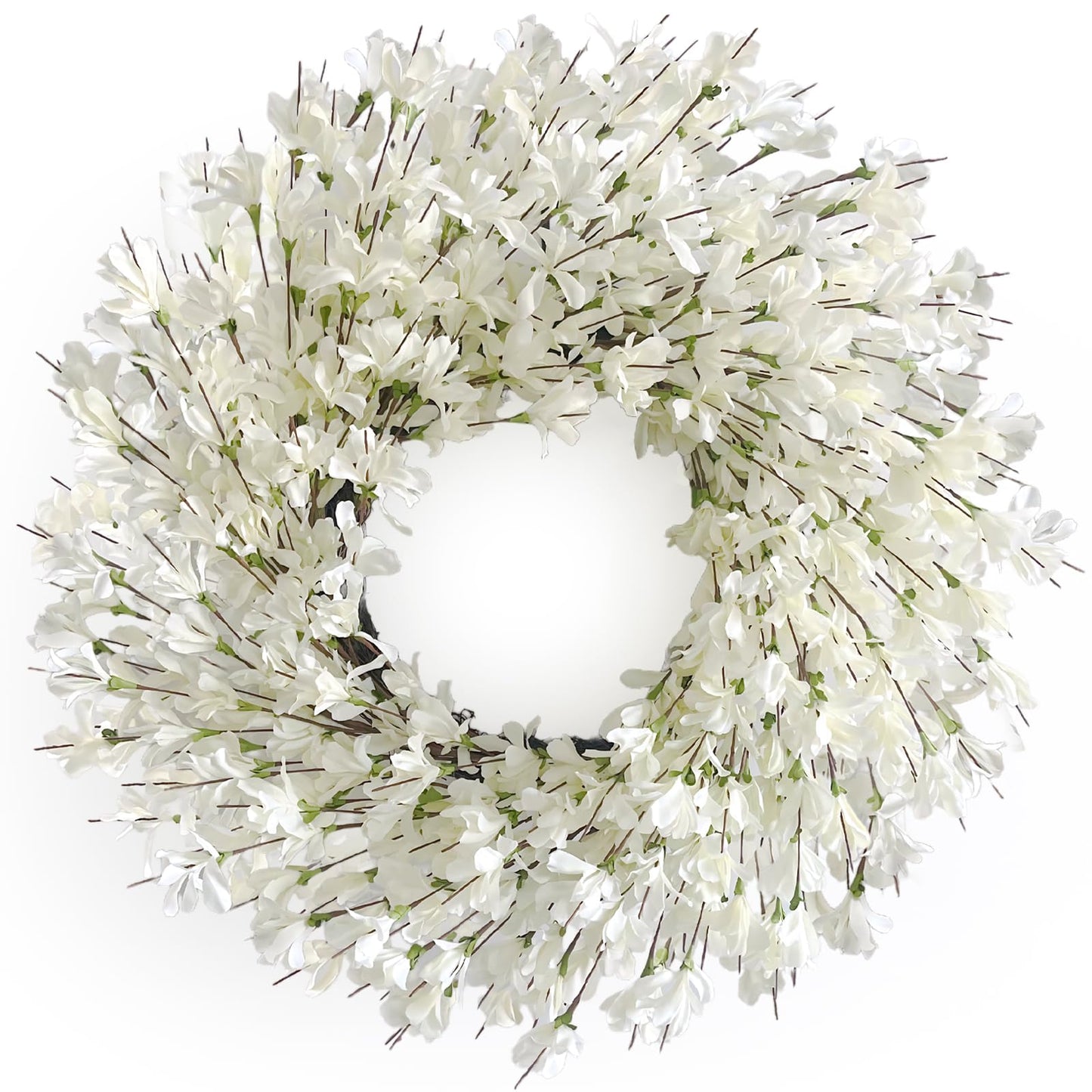 Spring Wreath for Front Door, 24 Inch White Cream Forsythia Spring Wreath Blossom Cluster Flower Farmhouse on Grapevine for Front Door Wall Window Hanging Décor Festival Celebration